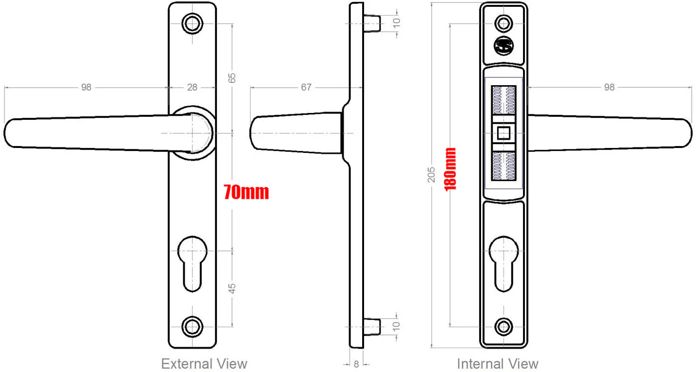 Kore uPVC Door Handle – Chrome – 70mm PZ – 180mm Screws – Sprung - Image 2