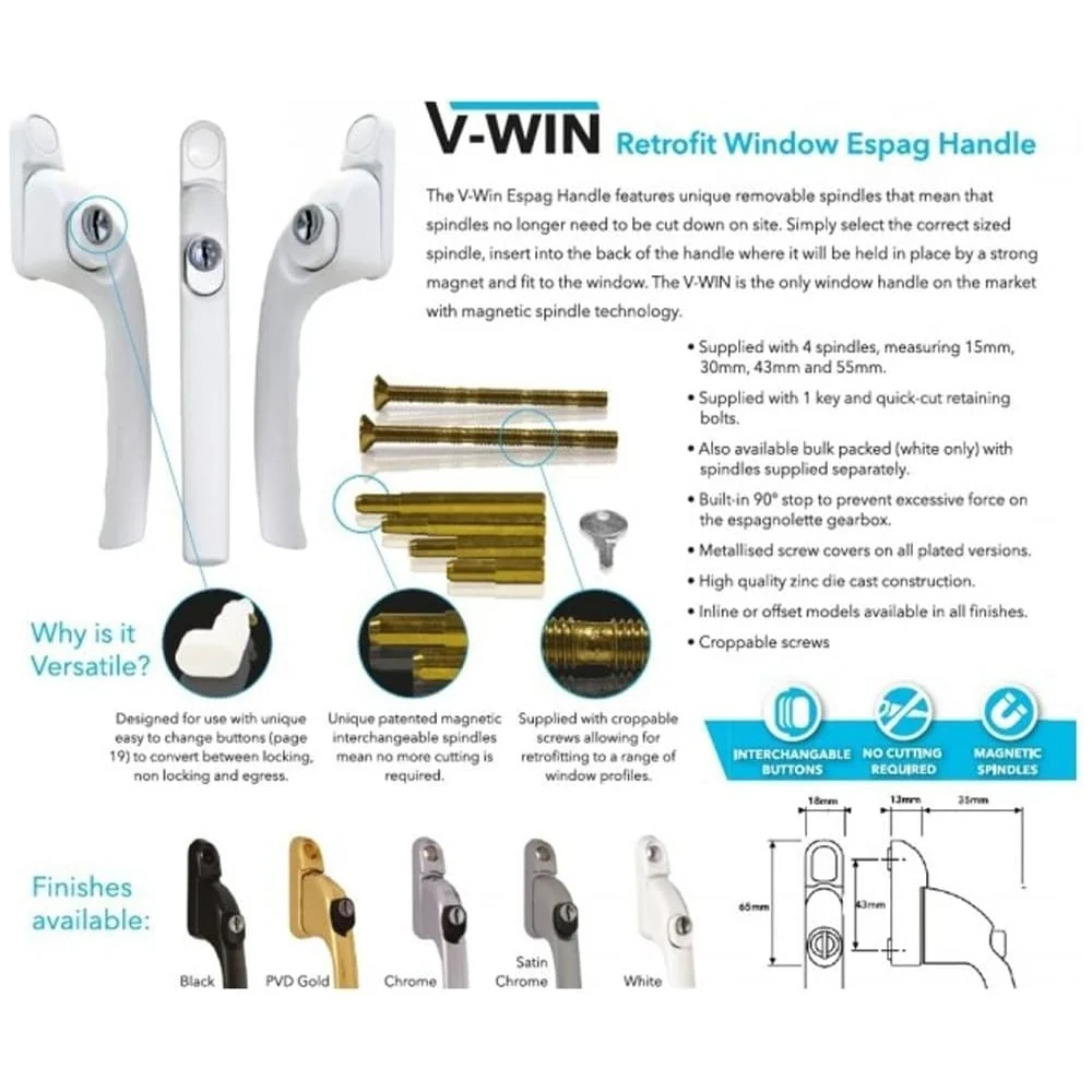 VERSA Handed Retro-fit Espag uPVC Window Handle - PVD Gold - Image 3